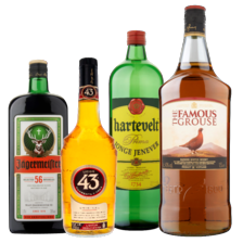 Hartevelt jenever
of the Famous Grouse whisky fles à 1.5 liter,
Jägermeister of Licor 43 fles à 1.75 liter